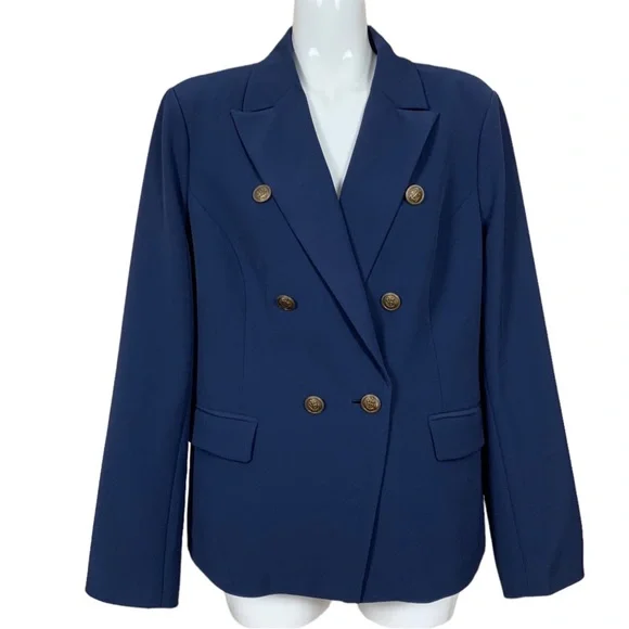 Boston Proper Blue Double Breasted Nautical Button Blazer Size 18 - Picture 2 of 11